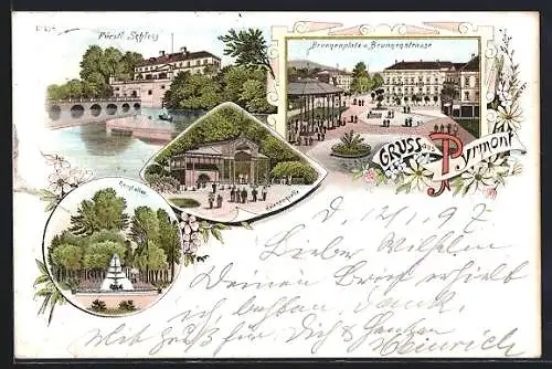 Lithographie Pyrmont, Fürstliches Schloss, Brunnenplatz und Brunnenstrasse, Helenenquelle