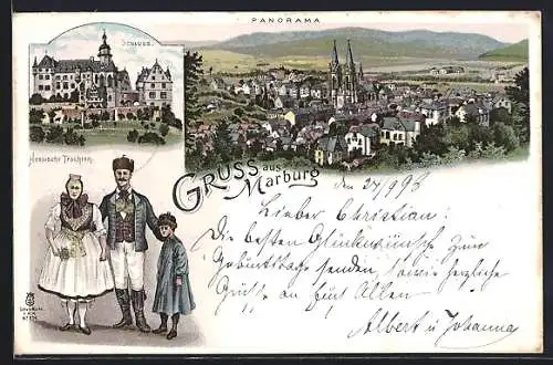 Lithographie Marburg, Panorama, Schloss, Hessische Trachten