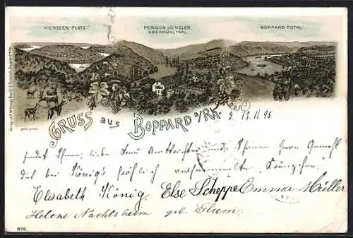 Vorläufer-Lithographie Boppard a. Rh., 1895, Pension Henzler im Obermühlthal, Vierseen-Platz und Totalansicht