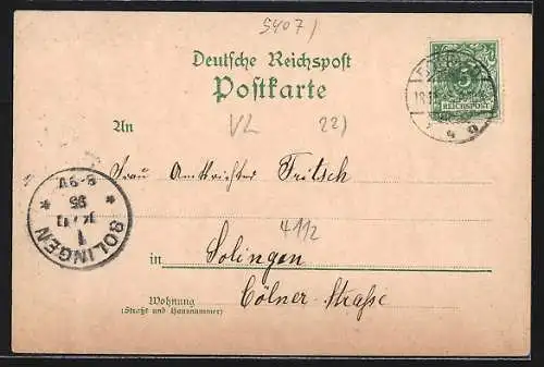 Vorläufer-Lithographie Boppard a. Rh., 1895, Pension Henzler im Obermühlthal, Vierseen-Platz und Totalansicht