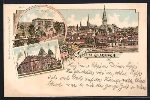 Lithographie M. Gladbach, Kurhaus Erholung, Kaiserbad, Teilansicht mit Kirche