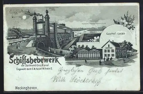 Mondschein-Lithographie Waltrop, Gasthof Lucas, Staatshafen mit Dampf-Sägewerk Lucas
