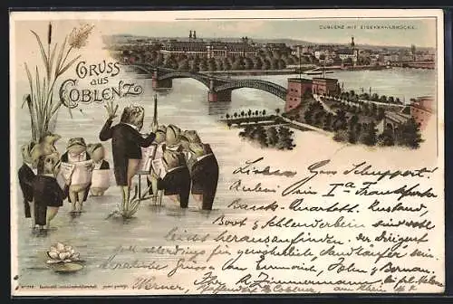 Lithographie Coblenz, Ortsansicht mit Eisenbahnbrücke und Frosch-Chor