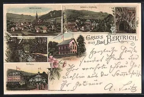 Lithographie Bertrich, Kurhaus und Umgebung, Elfenmühle, Käsekrotte
