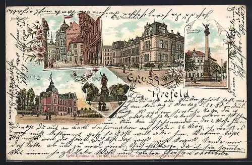 Lithographie Krefeld, Strassenpartie mit Hotel Zum wilden Mann, Königliche Webschule, Ständehaus