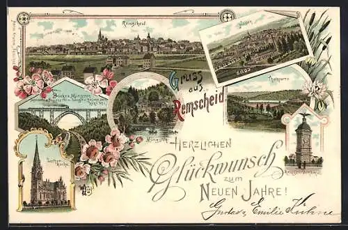 Lithographie Remscheid, Brücke b. Müngsten, Kriegerdenkmal und Lutherkirche