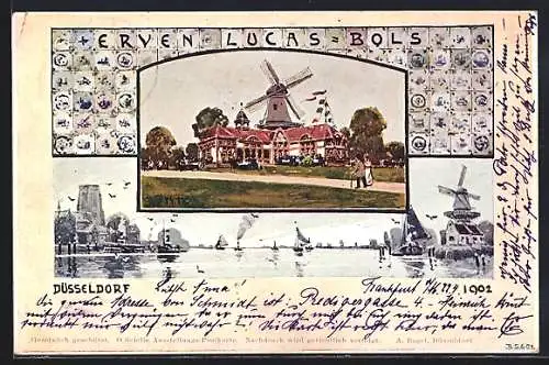 Künstler-AK Düsseldorf, Ausstellung 1902, Erven Lucas-Bols, Ortspartie mit Windmühle