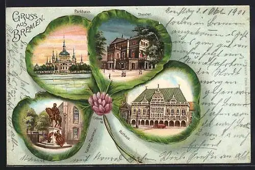 Passepartout-Lithographie Bremen, Parkhaus, Theater, Rathaus, Kleeblatt