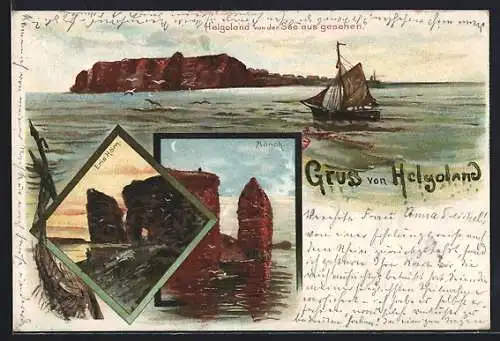 Künstler-AK Helgoland, Teilansicht mit Segelboot von der See aus gesehen, Mönch, Eris Hörn