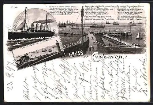 Lithographie Cuxhaven, Leuchtthurm und Seepavillon, Kriegerdenkmal
