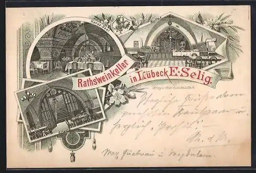 Lithographie Lübeck, Gasthaus Rathsweinkeller E. Selig, Innenansichten mit Buffet
