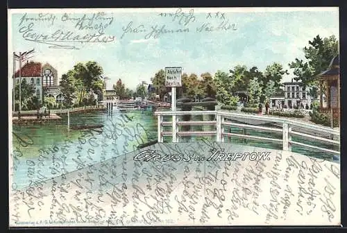 Lithographie Frech unbekannt: Berlin-Treptow, Bootsanlegestelle, Abfahrt nach Berlin