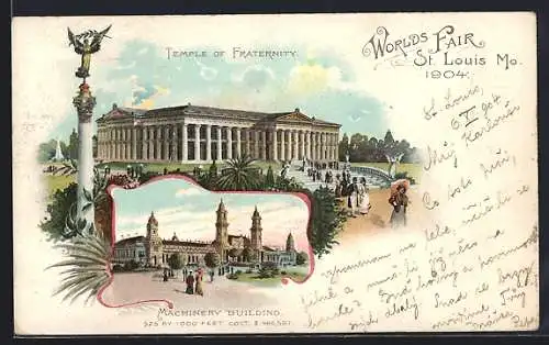 Lithographie St. Louis, Worlds Fair 1904, Temple of Fraternity, Machinery Building, Ausstellung