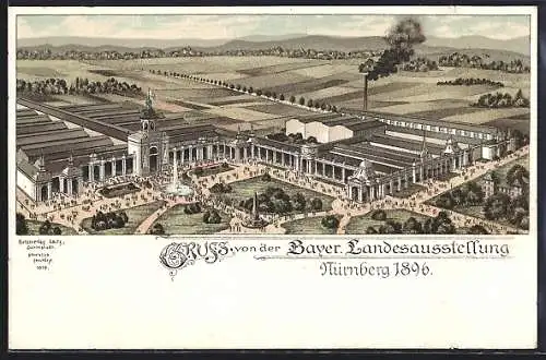 Lithographie Nürnberg, Bayerische Landesausstellung 1896, Festplatz aus der Vogelschau