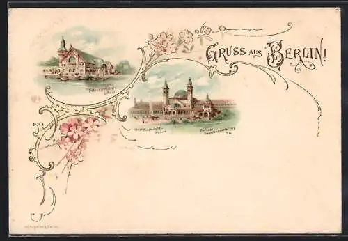 Lithographie Berlin, Gewerbe-Ausstellung 1896, Hauptausstellungsgebäude, Gebäude für Fischerei