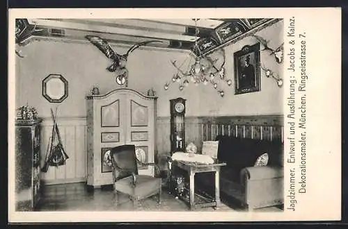 AK München, Ausstellung bemalter Wohnräume 1910, Jagdzimmer von Jacob & Kainz