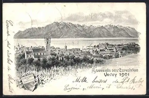 Lithographie Vevey, L`Exposition 1901, Blick über den Ort und Wappen