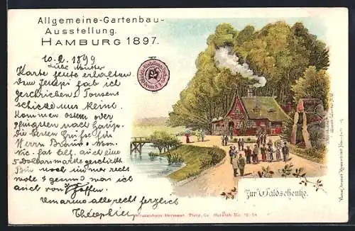 Lithographie Hamburg, Allgemeine-Gartenbau-Ausstellung 1897, Zur Waldschenke
