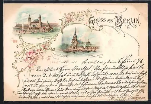 Lithographie Berlin, Gewerbe-Ausstellung 1896, Gebäude für Fischerei, Haup-Ausstellungsgebäude