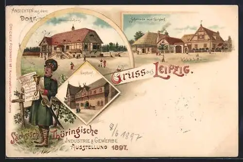 Lithographie Leipzig, Sächsisch-Thüringische Industrie & Gewerbe Ausstellung 1897, Schmiede & Gutshof, Gasthof