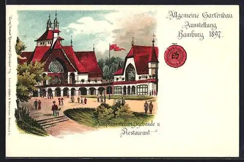 Lithographie Hamburg, Allgemeine Gartenbau-Ausstellung 1897, Hauptausstellungsgebäude und Restaurant
