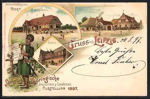 Lithographie Leipzig, Sächsisch Thüringische Industrie- & Gewerbe-Ausstellung 1897, Schmiede und Gutshof