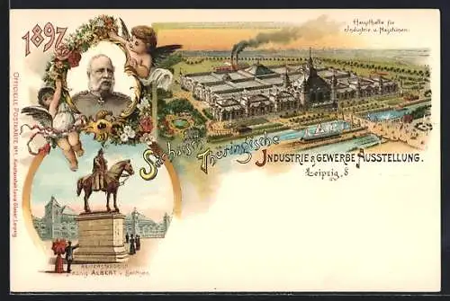 Lithographie Leipzig, Industrie und Gewerbeausstellung, Haupthalle für Industrie u. Maschinen, König Albert von Sachsen