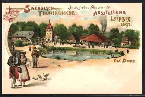 Lithographie Leipzig, Sächs.-Thür. Industrie- & Gewerbe Ausstellung 1897, das Dorf