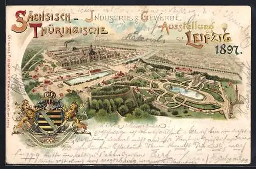 Lithographie Leipzig, Sächsisch-Thüringische Industrie & Gewerbe-Ausstellung 1897, Totalansicht aus der Vogelschau