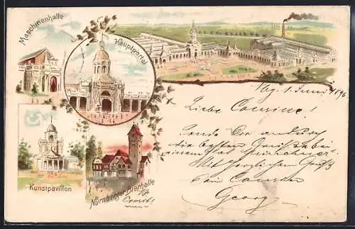 Lithographie Nürnberg, Ausstellung, Bierhalle, Maschinenhalle und Kunstpavillon