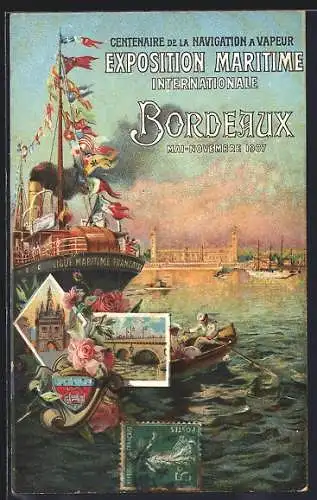 Lithographie Bordeaux, Exposition Maritime Internationale 1907, Ausstellung, Ligue Maritime Francaise, Dampfschiff