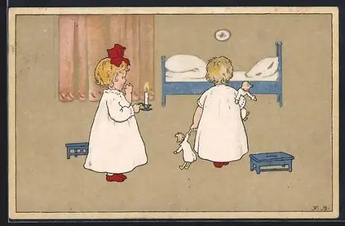 Künstler-AK Fritz Baumgarten: Kinder im Nachthemd mit Puppen