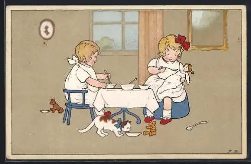 Künstler-AK Fritz Baumgarten: Wohl zu Speisen, Puppe, Teddybär, Katze