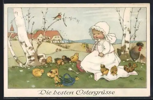 Künstler-AK Fritz Baumgarten: Kind mit Osterküken