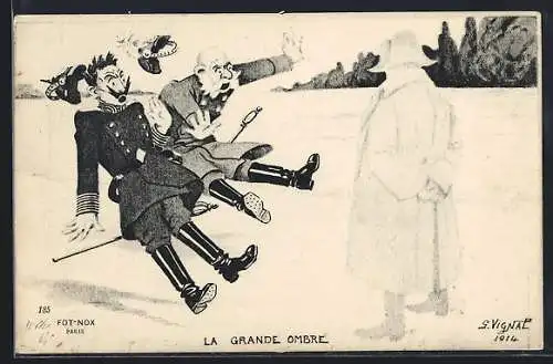 Künstler-AK Kaiser Franz Josef I. und Kaiser Wilhelm II. erschrecken vor dem Geist Napoleons, Propaganda Entente