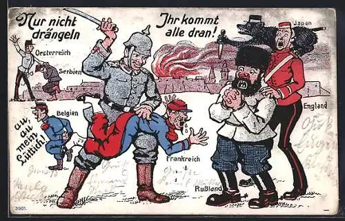 Künstler-AK Deutscher Soldat verteilt Hiebe an die Alliierten