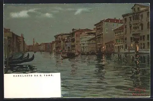 Lithographie Venezia, Canalazzo da S. Toma, Kanalpartie bei Nacht