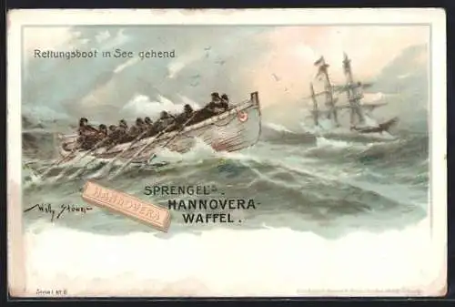 Künstler-AK Willy Stoewer: Rettungsboot in See gehend, Reklame für Sprengels Hannovera Waffel