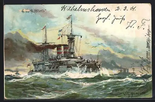 Künstler-AK Willy Stoewer: SMS Wörth auf hoher See