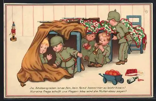 Künstler-AK Lia Döring: Im Schützengraben ist es fein, kein Feind kommt hier so leicht hinein!..., Kinder spielen Krieg