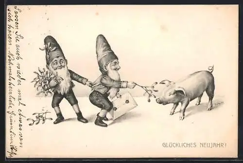 Künstler-AK C.Öhler: Zwerge locken ein Schwein mit einer Pflanze an