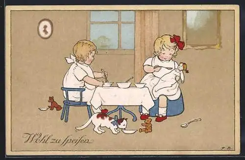 Künstler-AK Fritz Baumgarten: Wohl zu Speisen, Puppe, Teddybär, Katze