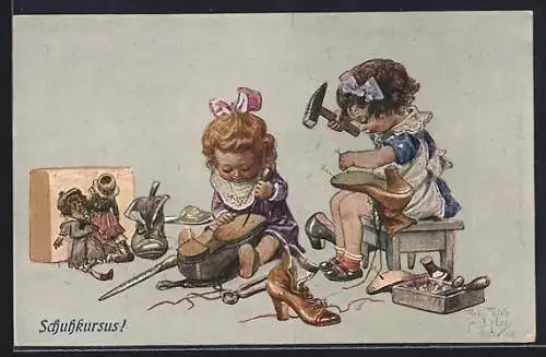 Künstler-AK Arthur Thiele: Schuhkursus! - Kleine Schusterinnen