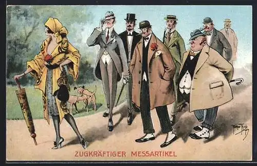 Künstler-AK Arthur Thiele: Zugkräftiger Messartikel, Herren schauen Frau nach