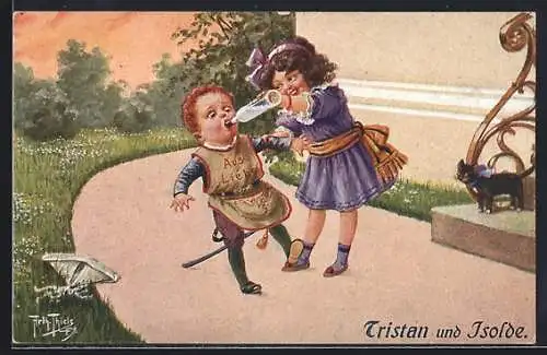 Künstler-AK A. Thiele: Tristan und Isolde, Schwester quält ihren kl. Bruder