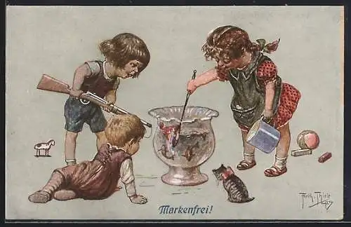 Künstler-AK Arthur Thiele: Aus der Kinderstube, Markenfrei!, Mädchen fangen Fische aus einem Glas