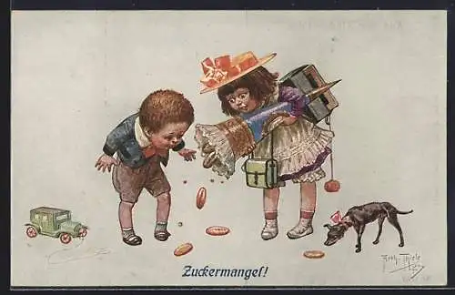 Künstler-AK Arthur Thiele: Aus der Kinderstube, Zuckermangel, Mädchen verliert Kekse aus der Zuckertüte