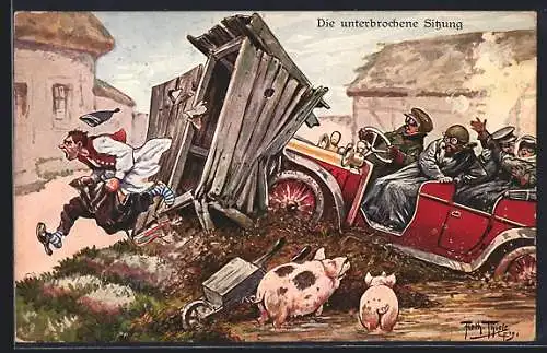 Künstler-AK A. Thiele: Auto fährt Plumpsklo um, Die unterbrochene Sitzung