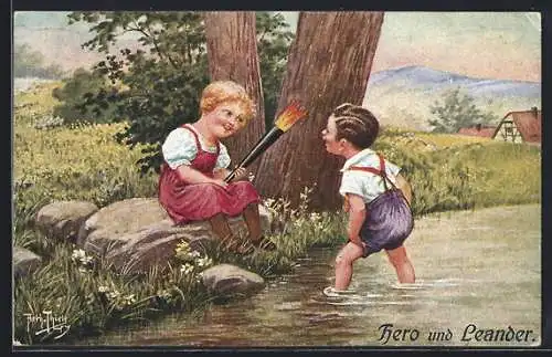 Künstler-AK A. Thiele: Hero und Leander, Die Fackel am Fluss