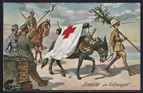 Künstler-AK Arthur Thiele: Erwischt und Gefangen, Soldat mit Esel und Fahne des Roten Kreuzes